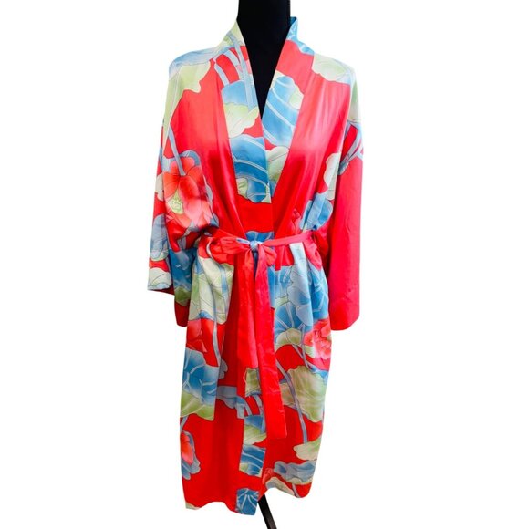 Natori Private Luxuries Floral Kimono Robe Belted Tie Vibrant Red Blue M Resort - Picture 2 of 10